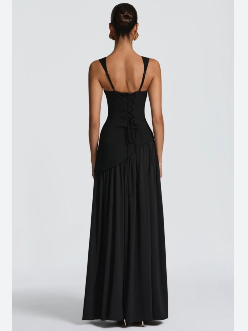 NWT MISS ROSIER WOMENS SIDONIE ASYMMETRICAL MAXI GOWN, SIZE MEDIUM, BLACK